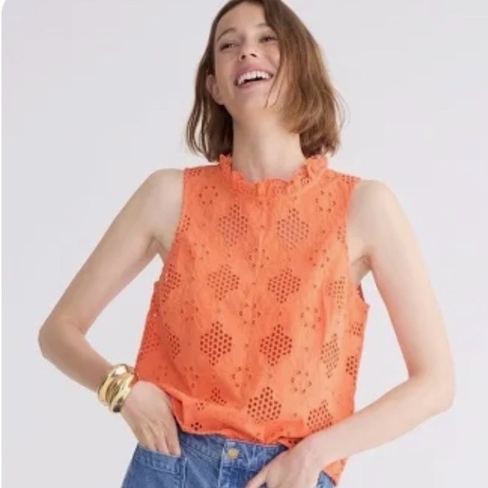 J. Crew NWT Fleur Top Eyelet‎ Orange Ruffle Neck Sleeveless Blouse- Size Small